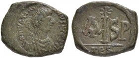 THE BYZANTINE EMPIRE
JUSTINIANUS I, 527-565
Mint of Thessalonica
Ae-16 Nummi 552-562. Sear 178. DOC 98d. MIB 169c. 6.96 g. Dark green patina. Good ...