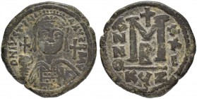 THE BYZANTINE EMPIRE
JUSTINIANUS I, 527-565
Mint of Cyzicus
Ae-Follis year XXI (547/548). Officina B. Sear 207. DOC 173b. MIB 120. 18.93 g. About v...