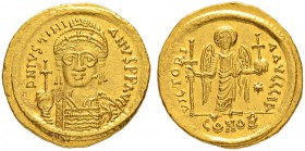 THE BYZANTINE EMPIRE
JUSTINIANUS I, 527-565
Mint of Carthage
Solidus 547/548. Indiction year IA. Obv. D N IVSTINI - ANVS P P AVG Helmeted, cuirasse...