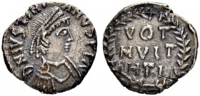THE BYZANTINE EMPIRE
JUSTINIANUS I, 527-565
Mint of Carthage
Half siliqua 533-537. Obv. D N IVSTINI - ANVS P P A Draped and cuirassed bust with dia...