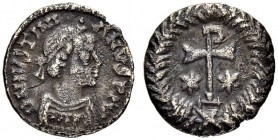 THE BYZANTINE EMPIRE
JUSTINIANUS I, 527-565
Mint of Ravenna
1/4 Siliqua 540-550. Obv. D N IVSTINI - ANVS P Draped and cuirassed bust with diadem to...