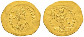 THE BYZANTINE EMPIRE
JUSTINUS II, 565-578
Mint of Constantinopolis
Tremissis 565-578. Obv. D N IVSTI NVS PP AVG Draped, cuirassed bust with pearl d...