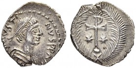 THE BYZANTINE EMPIRE
JUSTINUS II, 565-578
Mint of Ravenna
1/3 Siliqua 567-578. Obv. D N IVSTI - NVS PP AVG Draped, cuirassed bust with diadem to r....