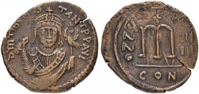 THE BYZANTINE EMPIRE
TIBERIUS II CONSTANTINUS, 578-582
Mint of Constantinopolis
Ae-Follis year 4 (578). Sear 429. DOC -. MIB 24. 16.38 g. Rare. Bro...