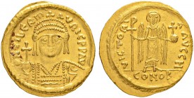 THE BYZANTINE EMPIRE
MAURICIUS TIBERIUS, 582-602
Mint of Constantinopolis
Solidus 582/583. Officina H. Obv. oN TIBeRm – AVRIC PP AV Helmeted, drape...