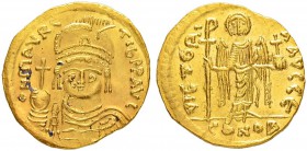 THE BYZANTINE EMPIRE
MAURICIUS TIBERIUS, 582-602
Mint of Constantinopolis
Solidus 583-602. Officina E. Obv. oN mAURc – TIb PP AVG Helmeted, draped ...