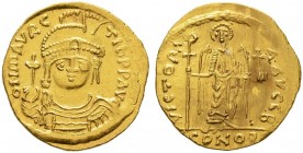 THE BYZANTINE EMPIRE
MAURICIUS TIBERIUS, 582-602
Mint of Constantinopolis
Solidus 583-602. Officina B. Obv. oN mAURc – TIb PP AVG Helmeted, draped ...