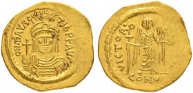 THE BYZANTINE EMPIRE
MAURICIUS TIBERIUS, 582-602
Mint of Constantinopolis
Solidus 583-602. Officina I. Obv. ON mAURc – TIb PP AVG Helmeted, draped ...