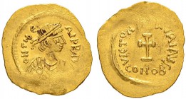 THE BYZANTINE EMPIRE
MAURICIUS TIBERIUS, 582-602
Mint of Constantinopolis
Tremissis 583-602. Obv. DN TIBe –RI PP AVS Draped, cuirassed bust with di...