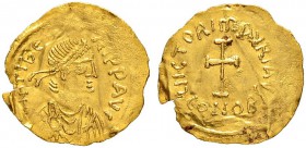 THE BYZANTINE EMPIRE
MAURICIUS TIBERIUS, 582-602
Mint of Constantinopolis
½ Tremissis. Obv. (D)N TIbE – RI PP AVG Draped, cuirassed bust with diade...