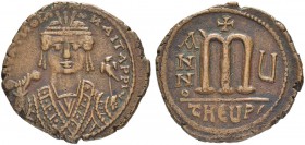 THE BYZANTINE EMPIRE
MAURICIUS TIBERIUS, 582-602
Mint of Theopolis
Ae-Follis year 5 (586/587). Sear 532. DOC 156. MIB 95. 13.07 g. Brown patina. Ve...