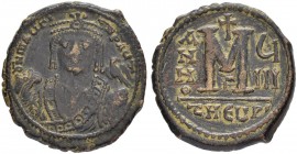THE BYZANTINE EMPIRE
MAURICIUS TIBERIUS, 582-602
Mint of Theopolis
Follis year 8 (590/591), Officina Γ. Sear 533. DOC 161. MIB 96. 12.62 g. Dark pa...
