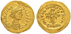 THE BYZANTINE EMPIRE
MAURICIUS TIBERIUS, 582-602
Mint of Rome
Tremissis 583/584. Obv. DN mAVRC –TIb PPAVG Draped and cuirassed bust to r. with diad...