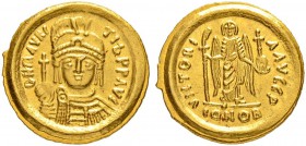 THE BYZANTINE EMPIRE
MAURICIUS TIBERIUS, 582-602
Mint of Ravenna
Solidus 586/587. Regnal year P. Obv. DN mAURC – TIb PP AVG Helmeted, draped and cu...