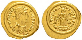 THE BYZANTINE EMPIRE
MAURICIUS TIBERIUS, 582-602
Mint of Ravenna
Tremissis 582-584. Obv. DN MAVRC – TIb PP AVG Draped and cuirassed bust with diade...