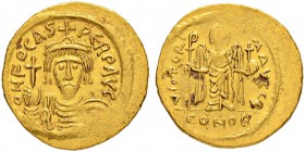 THE BYZANTINE EMPIRE
PHOCAS, 602-610
Mint of Constantinopolis
Solidus 603. Officina S, Obv. ON FOCAS PЄRP AVG Draped and cuirassed bust facing, wea...