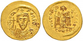THE BYZANTINE EMPIRE
PHOCAS, 602-610
Mint of Constantinopolis
Solidus 603-607. Officina Є, Obv. ON FOCAS PЄRP AVG Draped and cuirassed bust facing,...