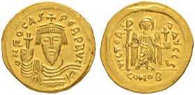 THE BYZANTINE EMPIRE
PHOCAS, 602-610
Mint of Constantinopolis
Solidus 603-607. Officina S. Obv. ON FOCAS PЄRP AVG Draped and cuirassed bust facing,...