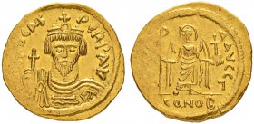 THE BYZANTINE EMPIRE
PHOCAS, 602-610
Mint of Constantinopolis
Solidus 603-607. Officina Γ. Obv. (ON) FOCAS PЄRP AVG Draped and cuirassed bust facin...