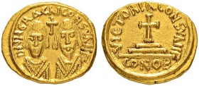 THE BYZANTINE EMPIRE
REVOLT OF THE HERACLII, 608-610
Mint of Carthage
Solidus 609/610. Indictional year IΓ Obv. DN HЄRACΛI CONSVΛI IΓ Two consular ...