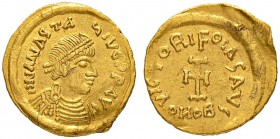THE BYZANTINE EMPIRE
REVOLT OF THE HERACLII, 608-610
Undetermined Mint – Carthage or Cyprus?
Tremissis 608-610. Obv. DN ANASTA – SIVS PP AVG Draped...