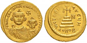 THE BYZANTINE EMPIRE
HERACLIUS, 610-641, WITH HERACLIUS CONSTANTINUS
Mint of Constantinopolis
Solidus 613-616. Officina H. Obv. dd NN hЄRACLI×S ЄT ...