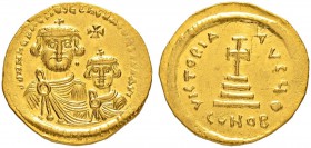 THE BYZANTINE EMPIRE
HERACLIUS, 610-641, WITH HERACLIUS CONSTANTINUS
Mint of Constantinopolis
Solidus 613-616. Officina (Є)?. Obv. dd NN hЄRACLI×S ...