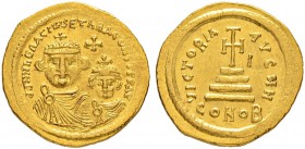 THE BYZANTINE EMPIRE
HERACLIUS, 610-641, WITH HERACLIUS CONSTANTINUS
Mint of Constantinopolis
Solidus 616-625. Officina H. Obv. dd NN hЄRACLI×S ЄT ...