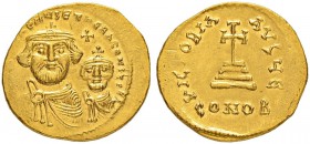 THE BYZANTINE EMPIRE
HERACLIUS, 610-641, WITH HERACLIUS CONSTANTINUS
Mint of Constantinopolis
Solidus 616-625. Officina Є. Obv. dd NN hЄRACLI×S ЄT ...