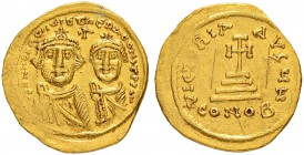 THE BYZANTINE EMPIRE
HERACLIUS, 610-641, WITH HERACLIUS CONSTANTINUS
Mint of Constantinopolis
Solidus 625-629. Officina H. Obv. dd NN hЄRACLI×S ЄT ...