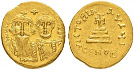 THE BYZANTINE EMPIRE
HERACLIUS, 610-641, WITH HERACLIUS CONSTANTINUS
Mint of Constantinopolis
Solidus 629-632. Officina I. Obv. (dd NN hЄRACLI×S ЄT...