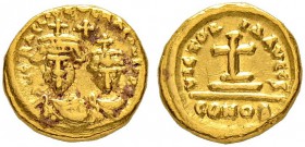 THE BYZANTINE EMPIRE
HERACLIUS, 610-641, WITH HERACLIUS CONSTANTINUS
Mint of Carthage
Solidus 617/618. Indictional year S. Obv. DN HЄ RARACLIO ЄT Є...