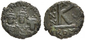 THE BYZANTINE EMPIRE
HERACLIUS, 610-641, WITH HERACLIUS CONSTANTINUS AND MARTINA
Mint of Rome
Ae- half-follis year 15 (624/625). Sear 891. DOC 267....