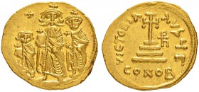 THE BYZANTINE EMPIRE
HERACLIUS, 610-641, WITH HERACLIUS CONSTANTINUS AND HERACLONAS
Mint of Constantinopolis
Solidus 632-635. Officina Γ. Obv. No l...