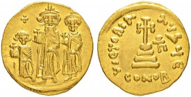 THE BYZANTINE EMPIRE
HERACLIUS, 610-641, WITH HERACLIUS CONSTANTINUS AND HERACLONAS
Mint of Constantinopolis
Solidus 632-635. Officina Є. Obv. No l...