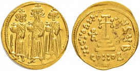 THE BYZANTINE EMPIRE
HERACLIUS, 610-641, WITH HERACLIUS CONSTANTINUS AND HERACLONAS
Mint of Constantinopolis
Solidus 639-641. Officina B. Obv. No l...