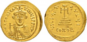 THE BYZANTINE EMPIRE
CONSTANS II, 641-668
Mint of Constantinopolis
Solidus 642-647. Officina I. Obv. dN CONSTAN – TIN×S PP AV Crowned bust in chlam...