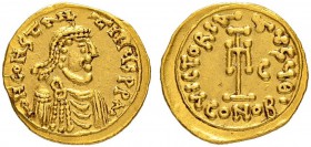 THE BYZANTINE EMPIRE
CONSTANS II, 641-668
Mint of Syracuse
Tremissis 648-654. Indictional year C. Officina Θ. Obv. dN CONSTAN – TIN×S PP AV Bearded...