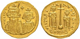 THE BYZANTINE EMPIRE
CONSTANS II WITH CONSTANTINUS IV, HERACLIUS AND TIBERIUS
Mint of Constantinopolis
Solidus 659-662. Officina B. Obv. DN CONT – ...
