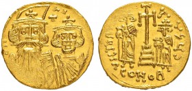 THE BYZANTINE EMPIRE
CONSTANS II WITH CONSTANTINUS IV, HERACLIUS AND TIBERIUS
Mint of Constantinopolis
Solidus 662-667. Officina S. Obv. Fragmentar...