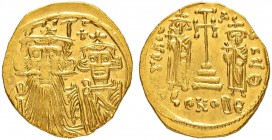 THE BYZANTINE EMPIRE
CONSTANS II WITH CONSTANTINUS IV, HERACLIUS AND TIBERIUS
Mint of Constantinopolis
Solidus 662-667. Officina Θ. Obv. Fragmentar...