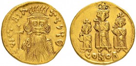 THE BYZANTINE EMPIRE
CONSTANS II WITH CONSTANTINUS IV, HERACLIUS AND TIBERIUS
Mint of Constantinopolis
Solidus 667/668. Officina Θ. Obv. VICTORIA A...