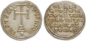 THE BYZANTINE EMPIRE
BASIL the MACEDONIAN, 867-886, WITH CONSTANTINUS
Mint of Constantinopolis
Miliaresion 868-879. Obv: IhSЧS XRISTЧS hICA. Cross ...