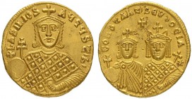 THE BYZANTINE EMPIRE
BASIL the MACEDONIAN, 867-886, WITH CONSTANTINUS AND EUDOCIA INGERINA
Solidus 882? Obv. Crowned bust in loros facing, globus wi...