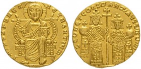 THE BYZANTINE EMPIRE
LEO VI the WISE, 886-912, WITH CONSTANTINUS VII
Solidus 908-912. Obv. +IhS XPS RЄX RЄÇNANTIЧm Christ enthroned on lyre-backed t...