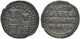 THE BYZANTINE EMPIRE
LEO VI the WISE, 886-912, WITH ALEXANDER
Ae-Follis 886-912. Sear 1730. DOC 6. 5.97 g. Dark patina. About extremely fine. Ex Auc...