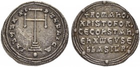 THE BYZANTINE EMPIRE
ROMANUS I, CHRISTOPHER and CONSTANTINUS VII
Miliaresion 921 – 931. Obv. IhSVS XRI-STVS NICA Cross potent over three steps and g...