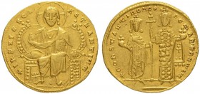 THE BYZANTINE EMPIRE
CONSTANTINUS VII WITH ROMANUS II
Solidus 945-959. Obv. +IhS XPS RЄX RЄÇNANTIЧM Nimbate figure of Christ seated facing on high b...