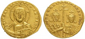 THE BYZANTINE EMPIRE
CONSTANTINUS VII WITH ROMANUS II
Solidus 945/959. Obv. +IhS XPS RЄX RЄÇNANTIЧM\ Nimbate bust of Christ facing, wearing pallium ...