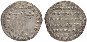 THE BYZANTINE EMPIRE
CONSTANTINUS VII WITH ROMANUS II
Miliaresion 945-959. Obv. IhSЧS XRISTVS NICA, cross crosslet on three steps, X at centre; smal...